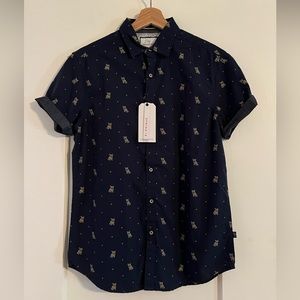 NWT Mens Denim & Flower Frenchie pattern navy blue cotton button down shirt